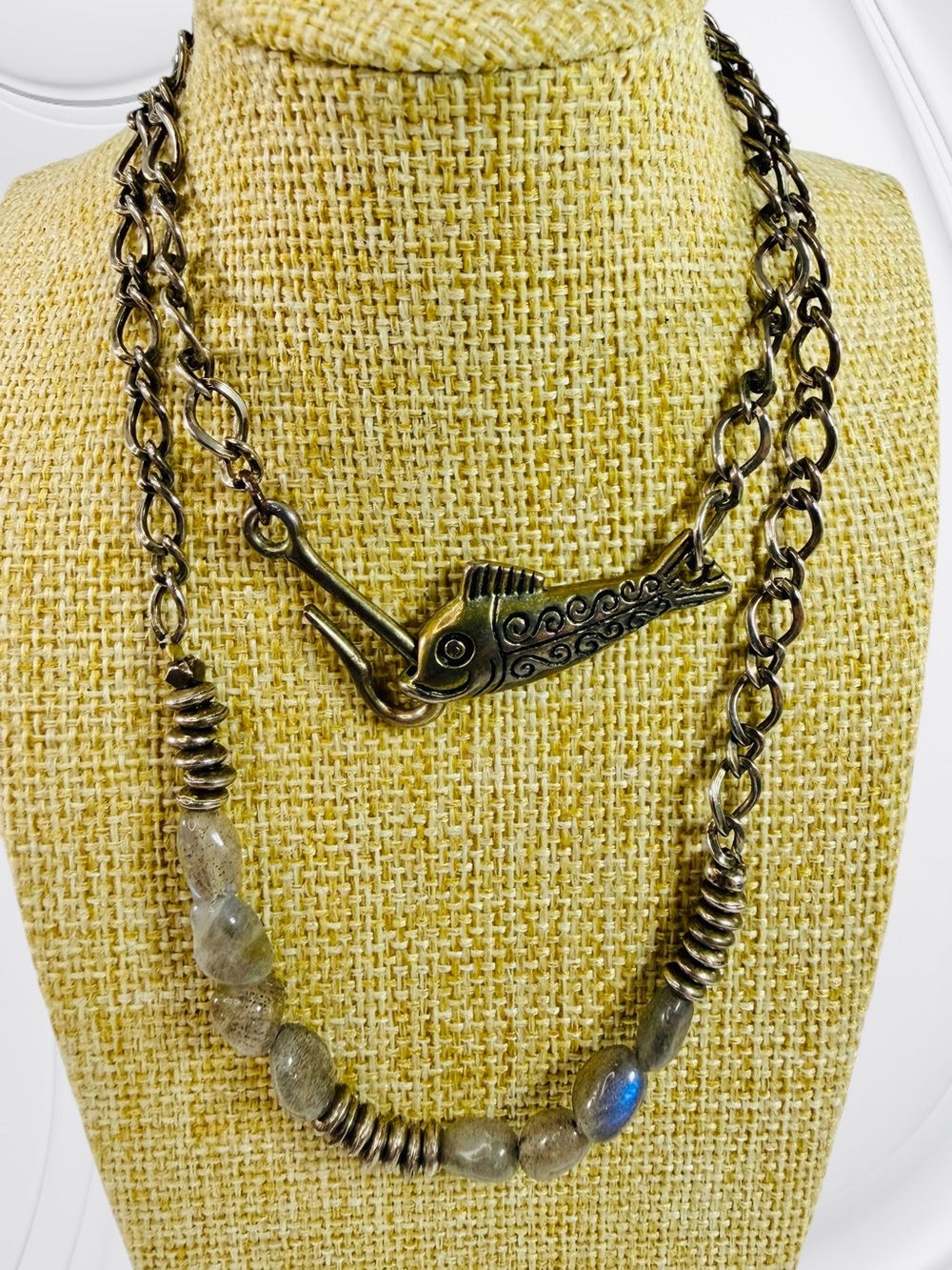 Gold Brass Tone Fish Hook 20”Necklace Gray Green Stone Silver Color Layer Disc